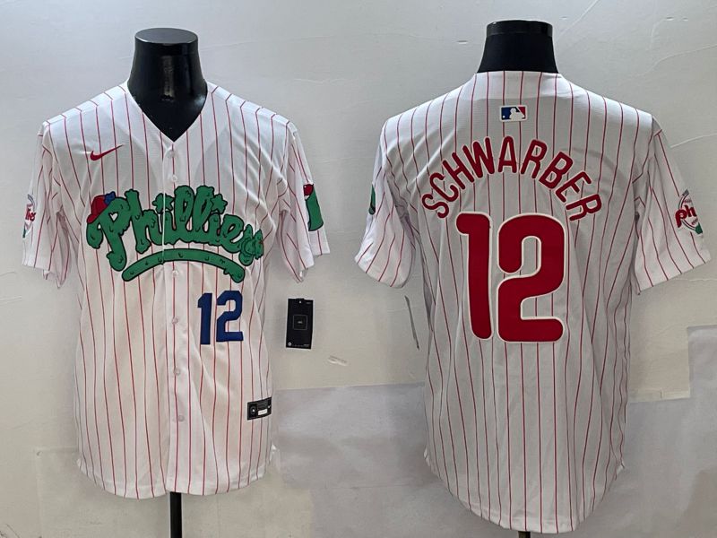 Men Philadelphia Phillies #12 Schwarber White Stripe Fourth generation Joint Name Nike 2025 MLB Jersey style 3